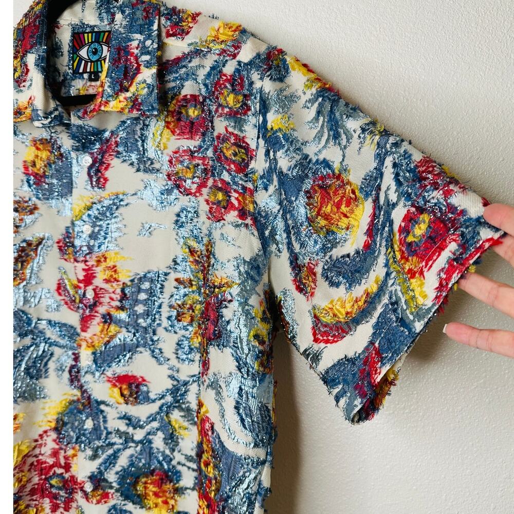 Libertine Cream Red Blue Gold Metallic Embroidered Button  Short Sleeve Shirt L - Picture 8 of 12